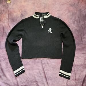 Killstar Black/White Collared Skull 3/4 Zip Sweater Size L Whimsigoth Academia